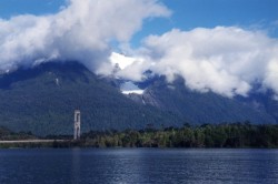LOWER (NORTH) END OF LAKE YELCHO WITH THE HANGING GLACIER AND THE BRIDGE OVER THE YELCHO RIVER IN THE BACKGROUND