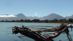 MOUTH OF YELCHO RIVER WITH CHAITEN VOLCANO IN BACKGROUND